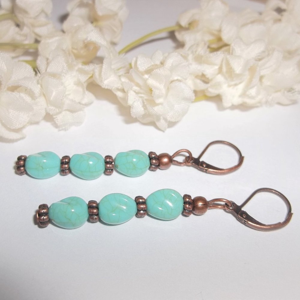Long Turquoise Blue & Copper Earrings Handmade Beaded Jewelry Set Pair NWT 5821 - Picture 4 of 6